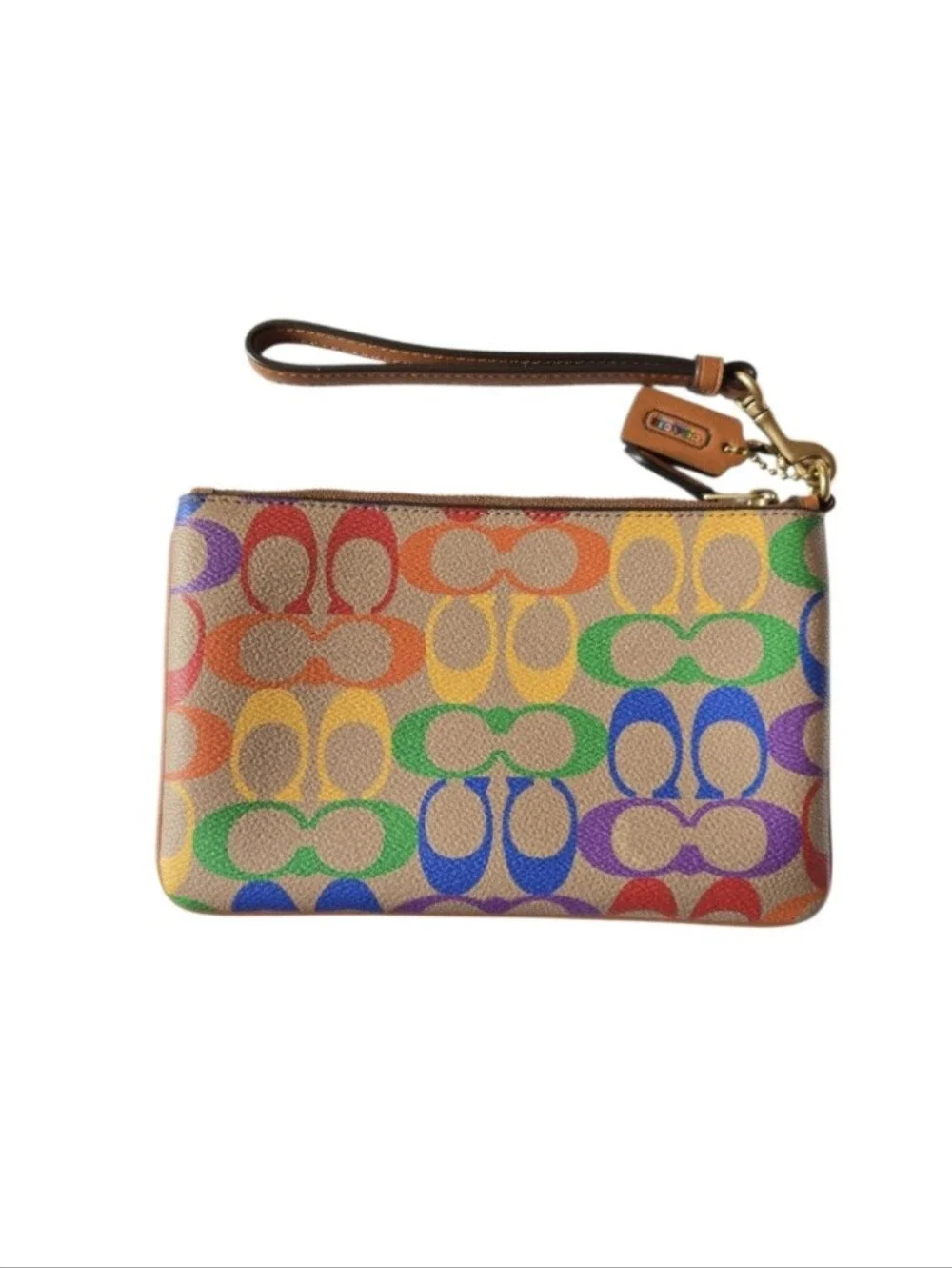 Coach Rainbow Signature Canvas Wristlet - Tan Trim EUC